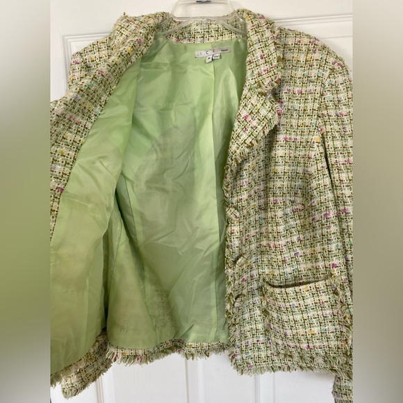 I C E Multicolor Tweed Green and Pink Fringe Blazer - Picture 4 of 8